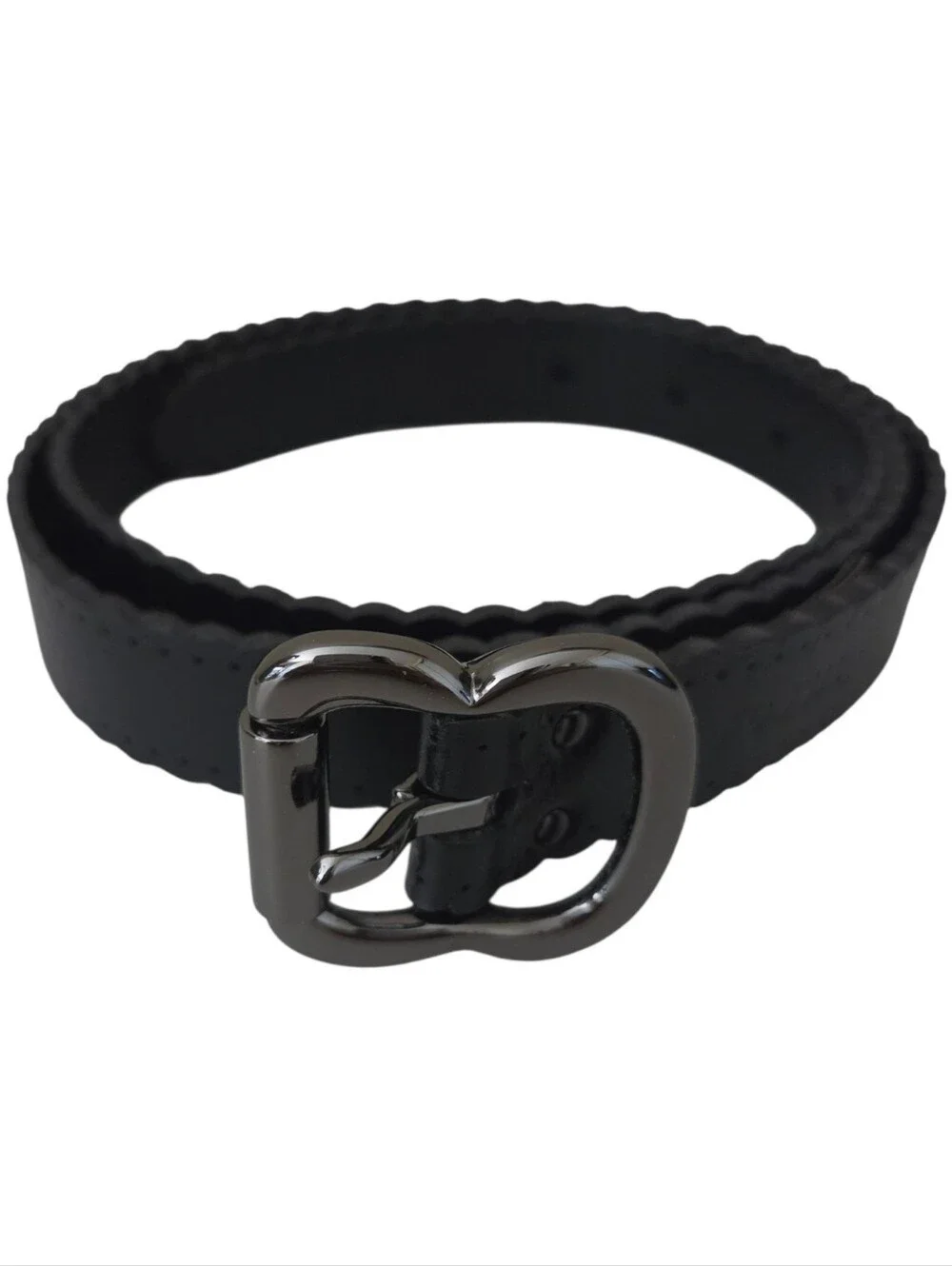 fossil womens black leather laser cut scalloped edge skinny belt sz L BT4028001